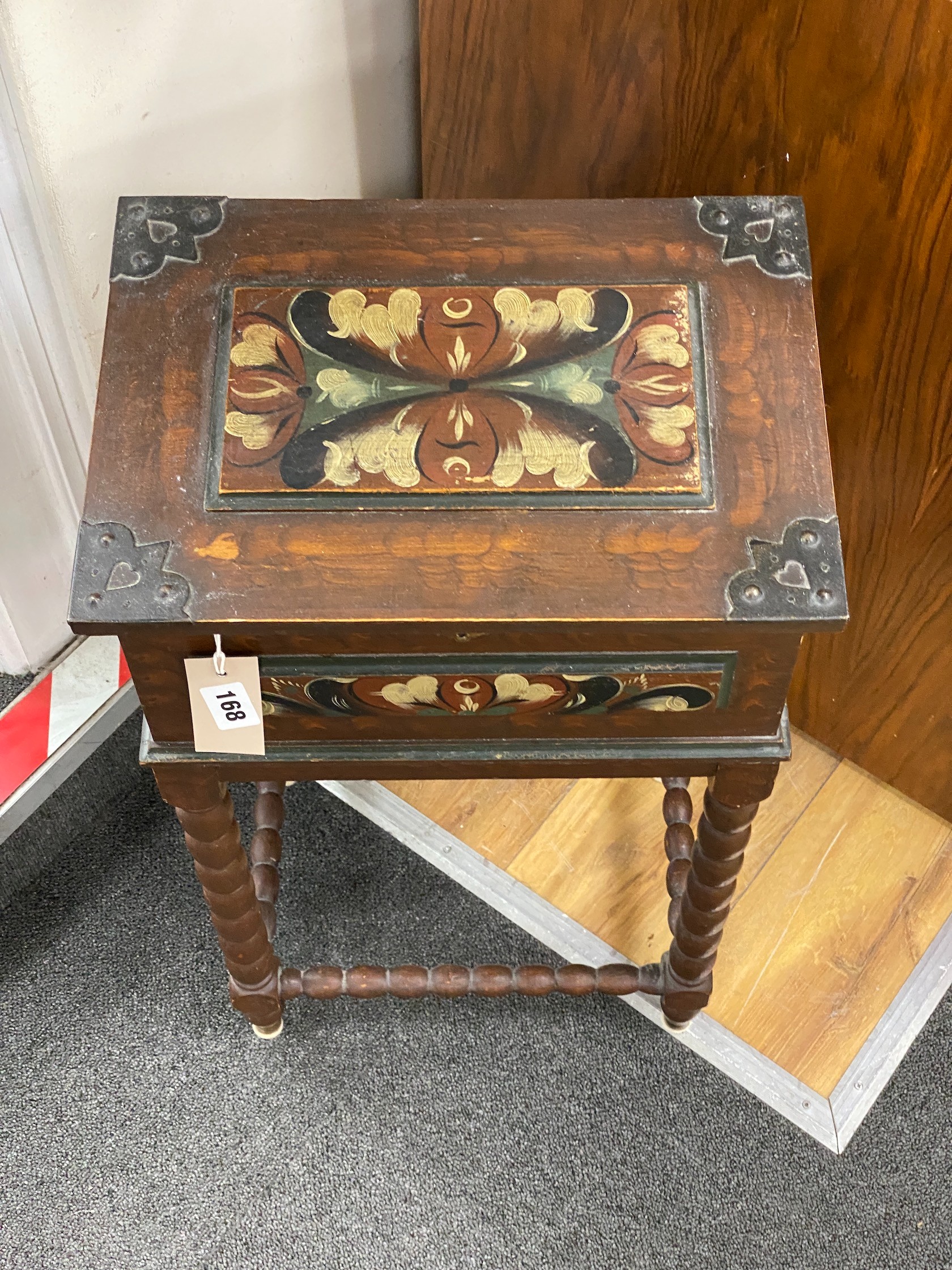 A Scandinavian painted work box on stand, width 36cm, depth 26cm, height 63cm